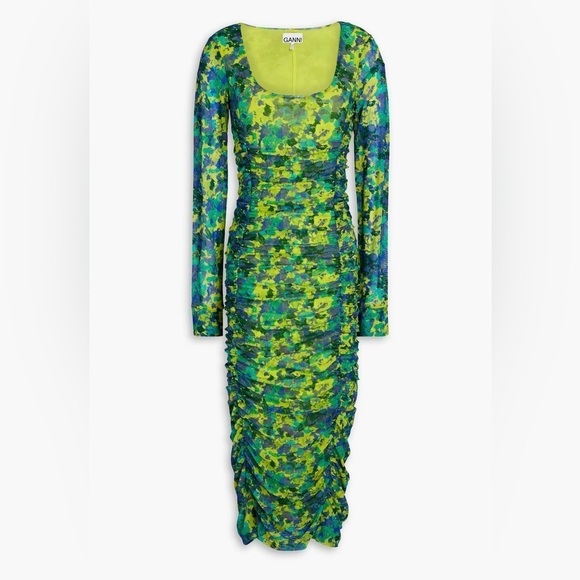 New! GANNI Ruched floral printed stretch-mesh midi dress - Picture 3 of 10